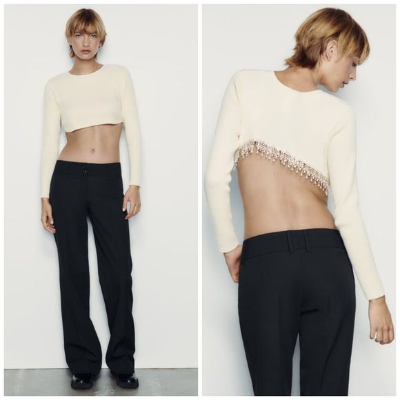 NEW Zara Rhinestone Soft Crop Top in Cream - Picture 1 of 5